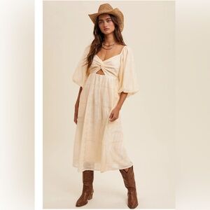 Listicle Cream Twist-Front Cutout Puff Sleeve Eyelet Midi Dress Size Medium